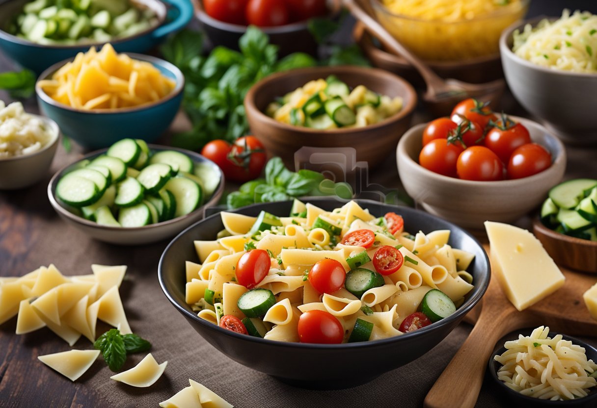 A bowl of cooked pasta, diced tomatoes, chopped cucumbers, and shredded cheese mixed together in a colorful salad
