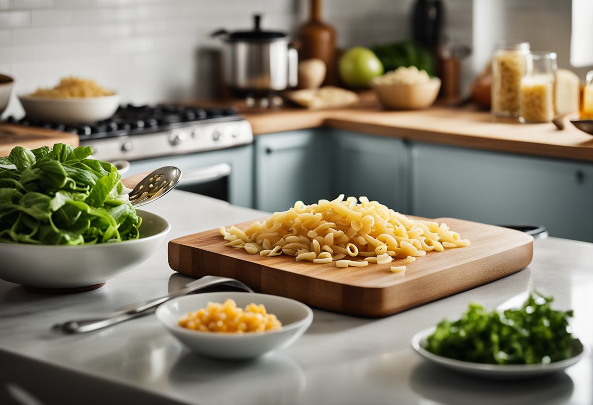 A cutting board with diced vegetables, a bowl of cooked pasta, a bottle of vinaigrette, and a mixing spoon on a kitchen counter
