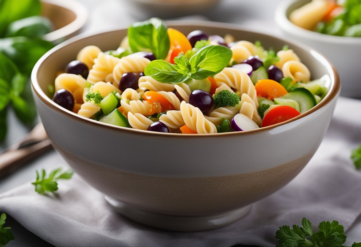 A bowl of colorful pasta salad with fresh vegetables and herbs, drizzled with a flavorful dressing