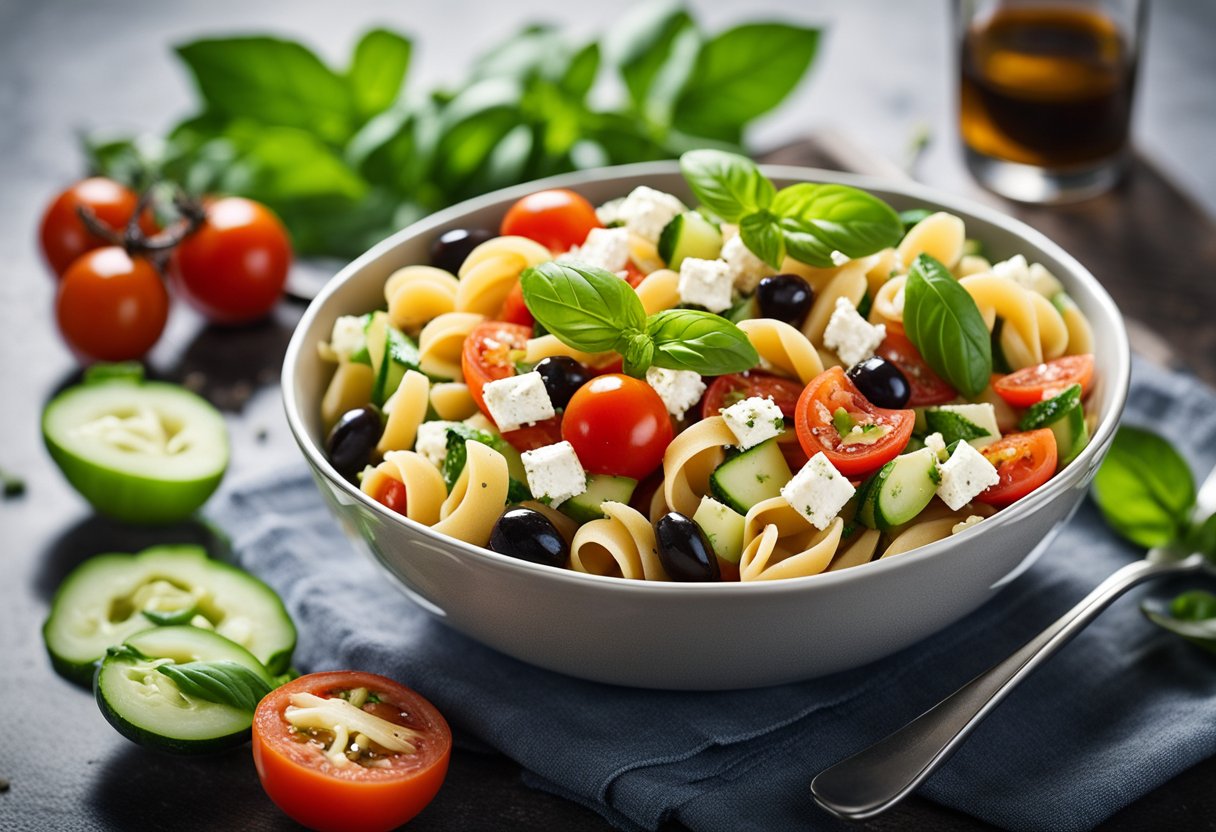 A bowl of colorful pasta salad with tomatoes, cucumbers, and feta cheese, garnished with fresh basil leaves and drizzled with balsamic vinaigrette