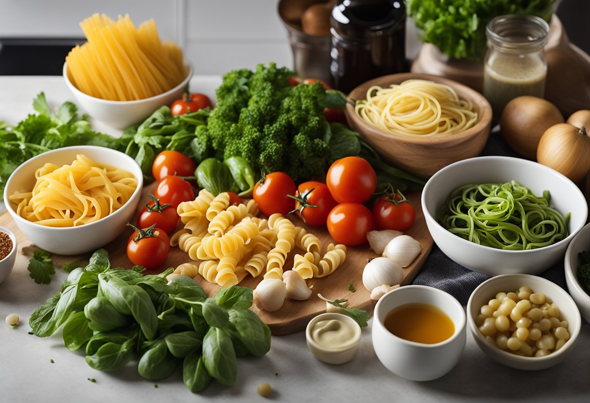 A colorful array of fresh vegetables, pasta, and dressing arranged on a kitchen counter, with a recipe card nearby