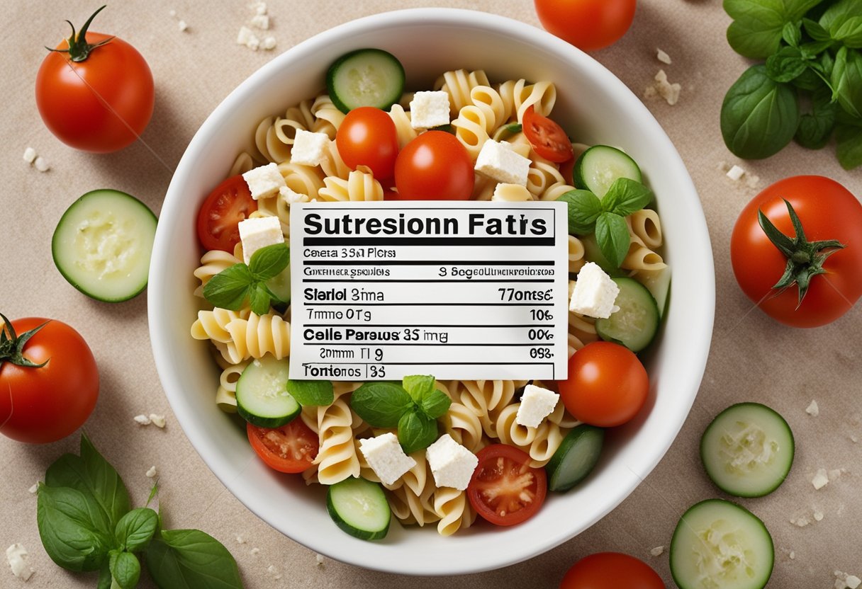 A bowl of pasta salad with tomatoes, cucumbers, and feta cheese, with a clear label displaying the nutritional information