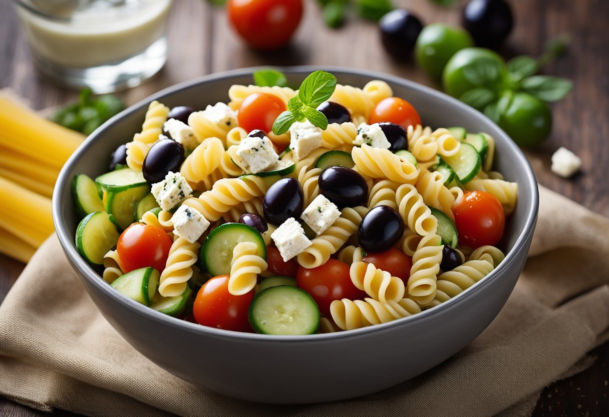 A colorful bowl of pasta salad with tomatoes, cucumbers, olives, and feta cheese, all tossed in a tangy vinaigrette dressing