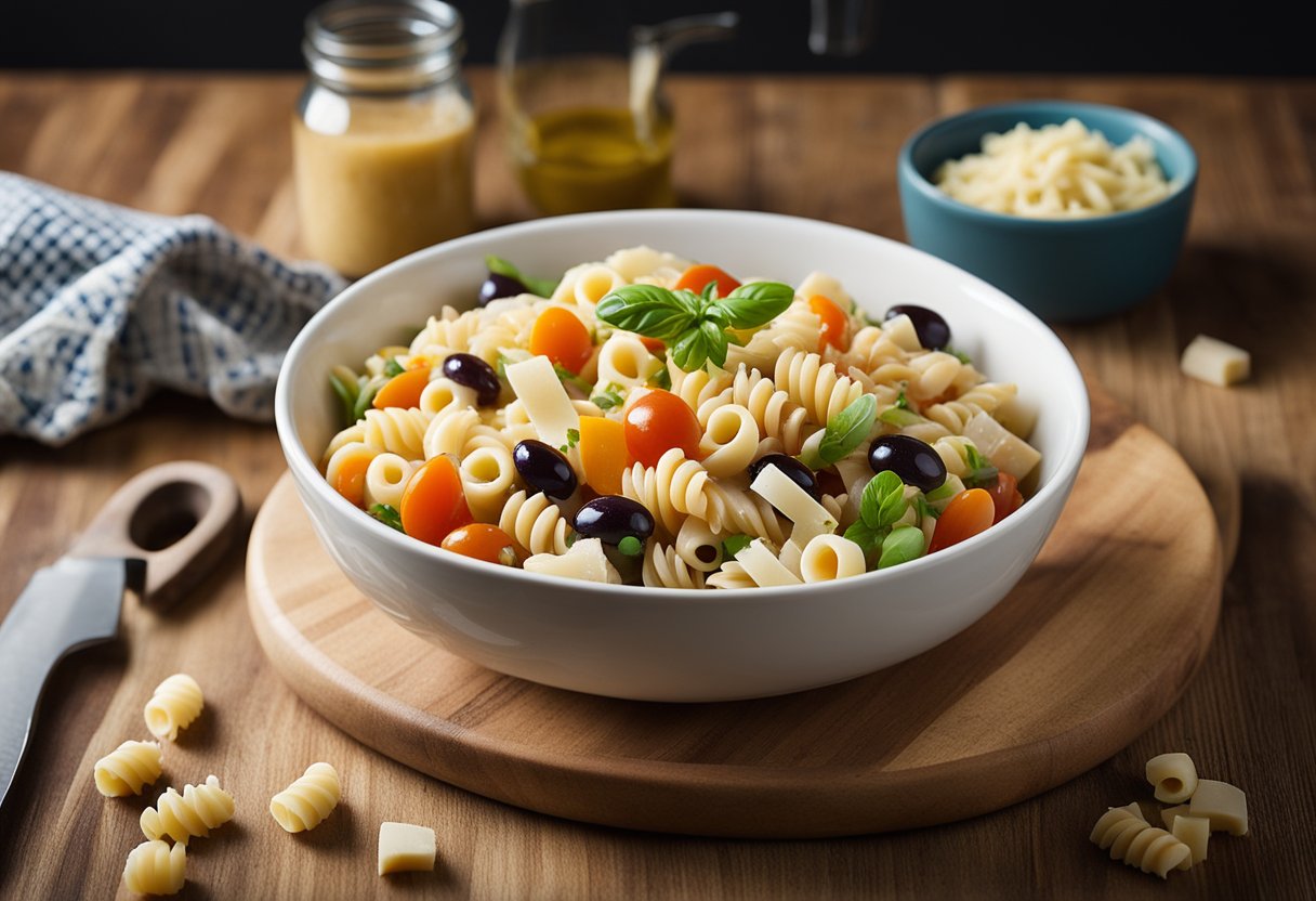 A bowl of pasta salad with 4 ingredients (pasta, vegetables, dressing, cheese) on a kitchen counter next to a cutting board and knife