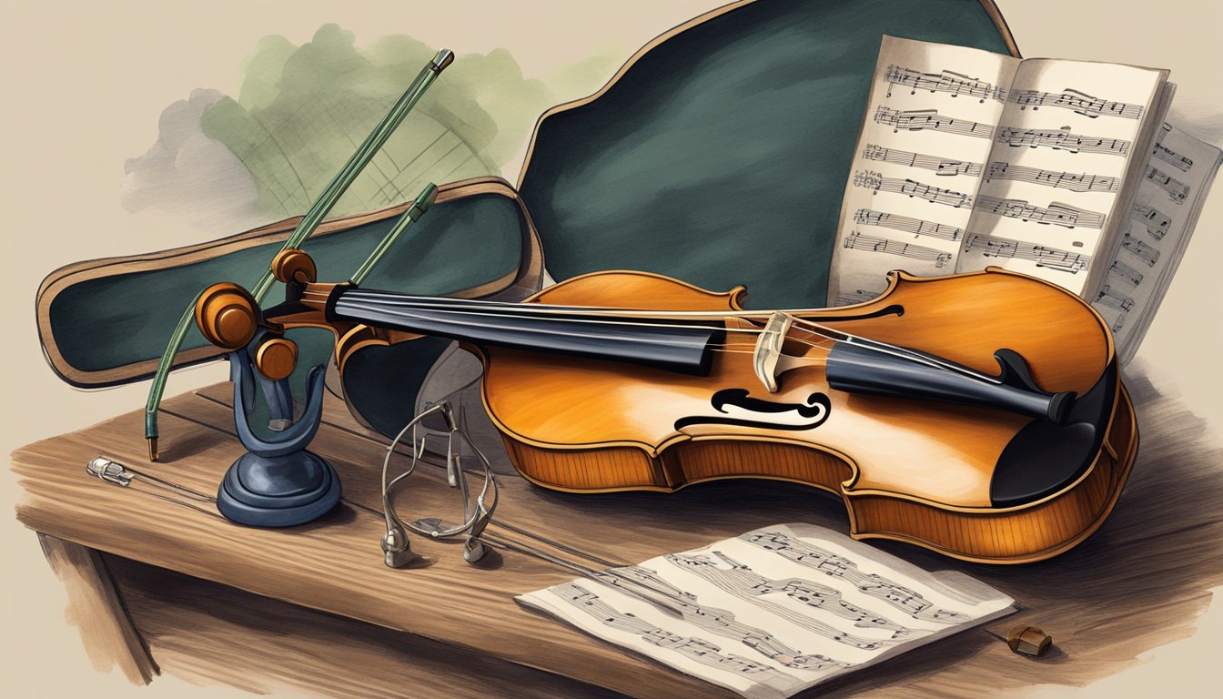 A fiddle, bodhrán, and tin whistle sit atop a wooden table, surrounded by sheet music and a worn-out music stand