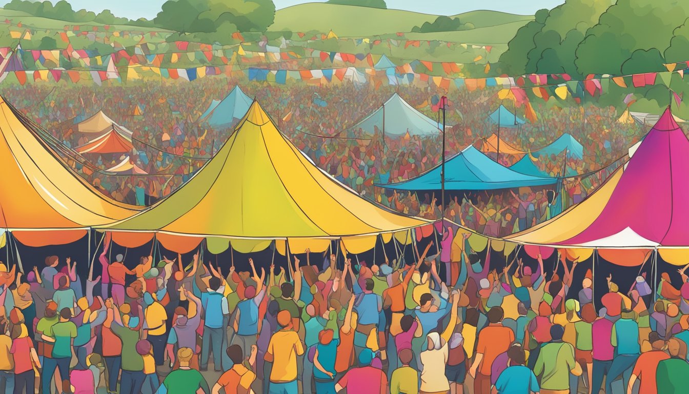 A lively music festival in County Mayo, with colorful tents, a stage, and a crowd of enthusiastic fans dancing and enjoying the traditional music