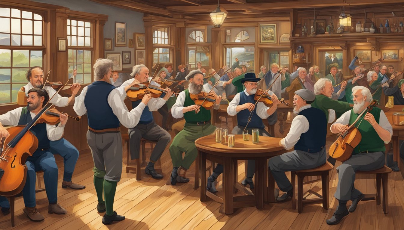 A lively pub scene with traditional Irish musicians playing fiddles, flutes, and bodhráns. The room is filled with the sound of jigs and reels, while patrons tap their feet and enjoy the music