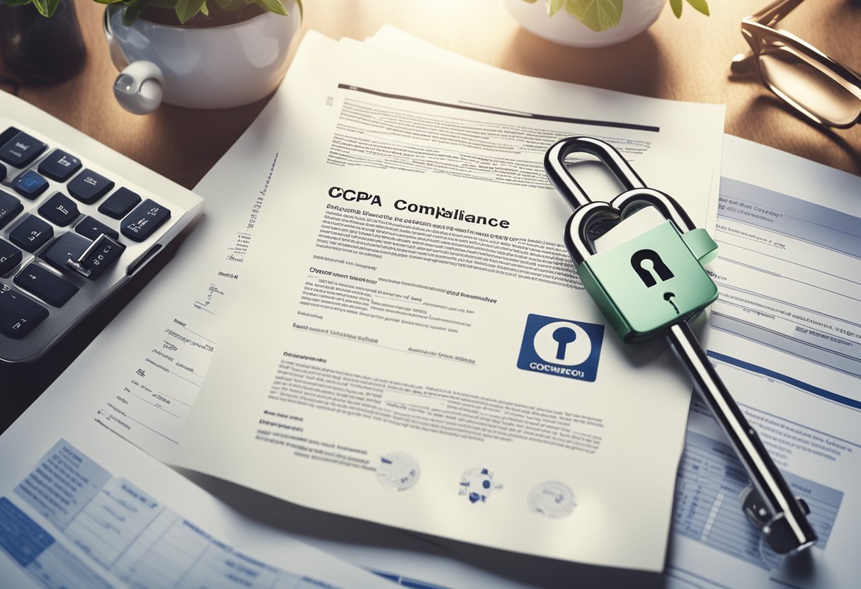 A document with "CCPA Compliance" prominently displayed, surrounded by data privacy icons and a lock symbol