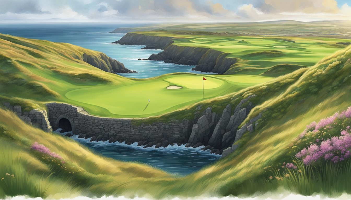 Rolling hills adorned with lush green fairways, surrounded by rugged coastline and dotted with ancient ruins. A misty, serene atmosphere encapsulates the best golf courses in Ireland beyond Dublin's greens