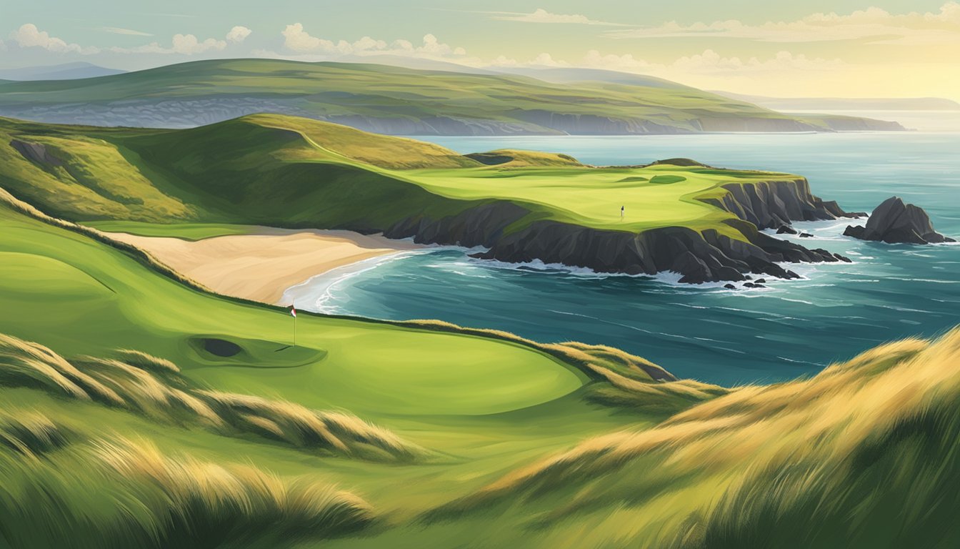 Rolling green hills meet the rugged coastline, with lush fairways and challenging bunkers nestled against the backdrop of the Irish Sea