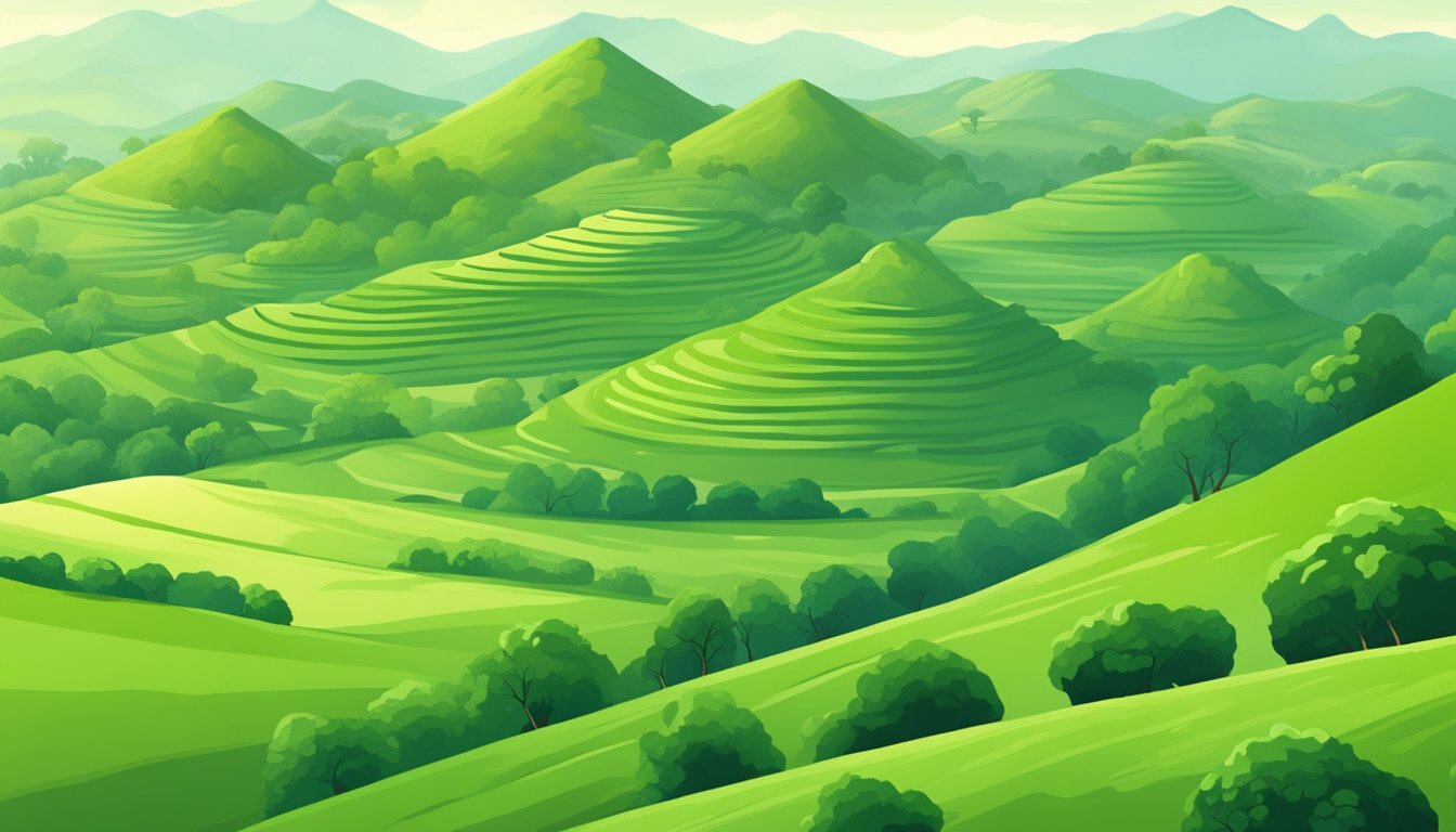 Lush green hills roll into the distance, dotted with ancient stone structures and burial mounds. A sense of mystery and history permeates the landscape