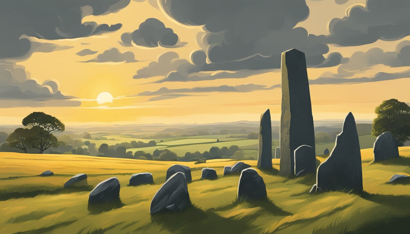 The sun rises over the ancient landscape of Meath, casting a golden glow on the prehistoric sites. Rolling hills and standing stones create a sense of mystery and wonder