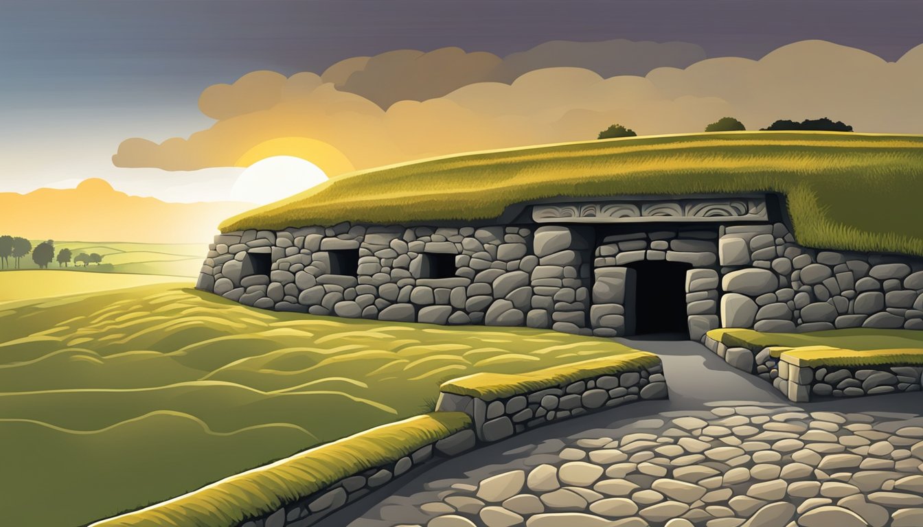 Sunrise illuminates the ancient passage tomb at Newgrange, casting a warm glow on the intricate stone carvings and megalithic structure