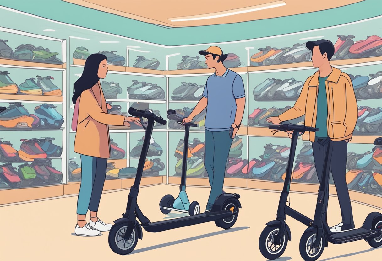 A person comparing electric scooters in a store, surrounded by various models, prices, and specifications