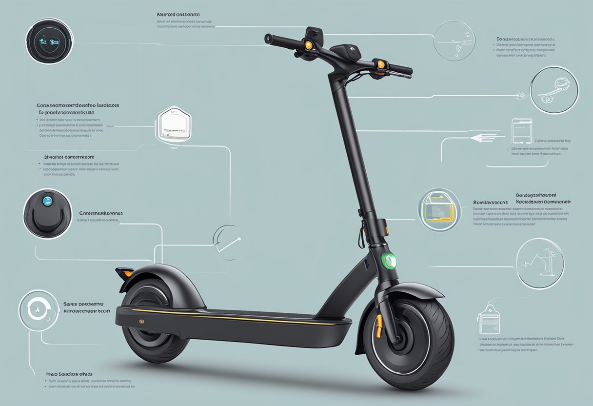 An electric scooter with key components labeled, including battery, motor, and control panel. A person riding the scooter with arrows pointing to each component