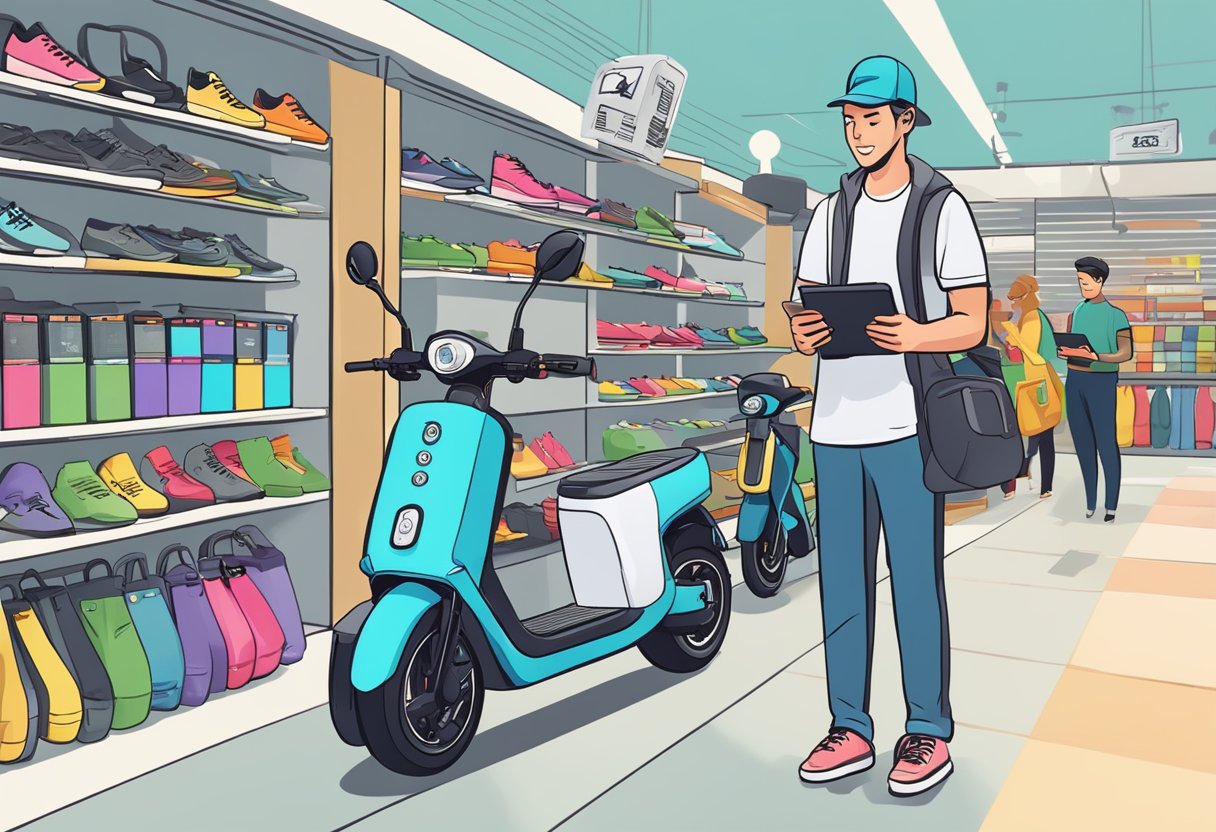 A customer reads an electric scooter buying guide while comparing different models and features at a store