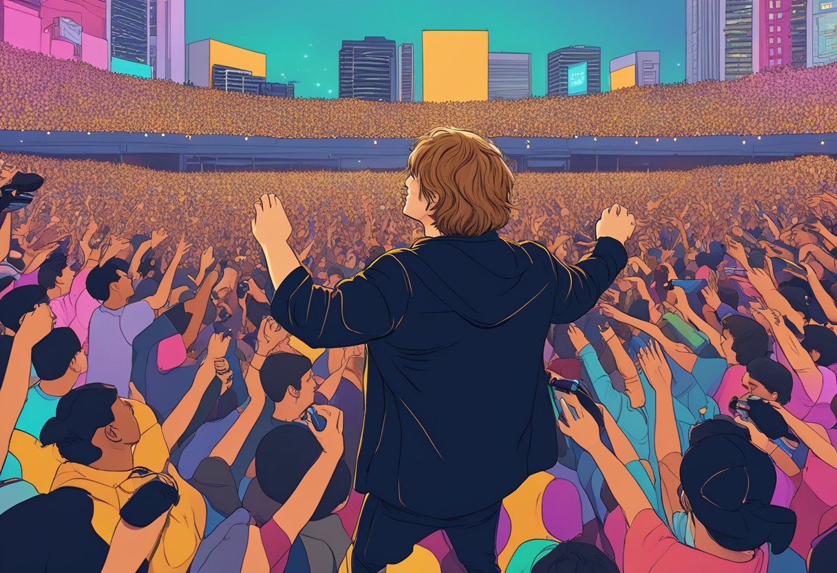 Lewis Capaldi performs on stage in Singapore, surrounded by a sea of cheering fans and colorful stage lights