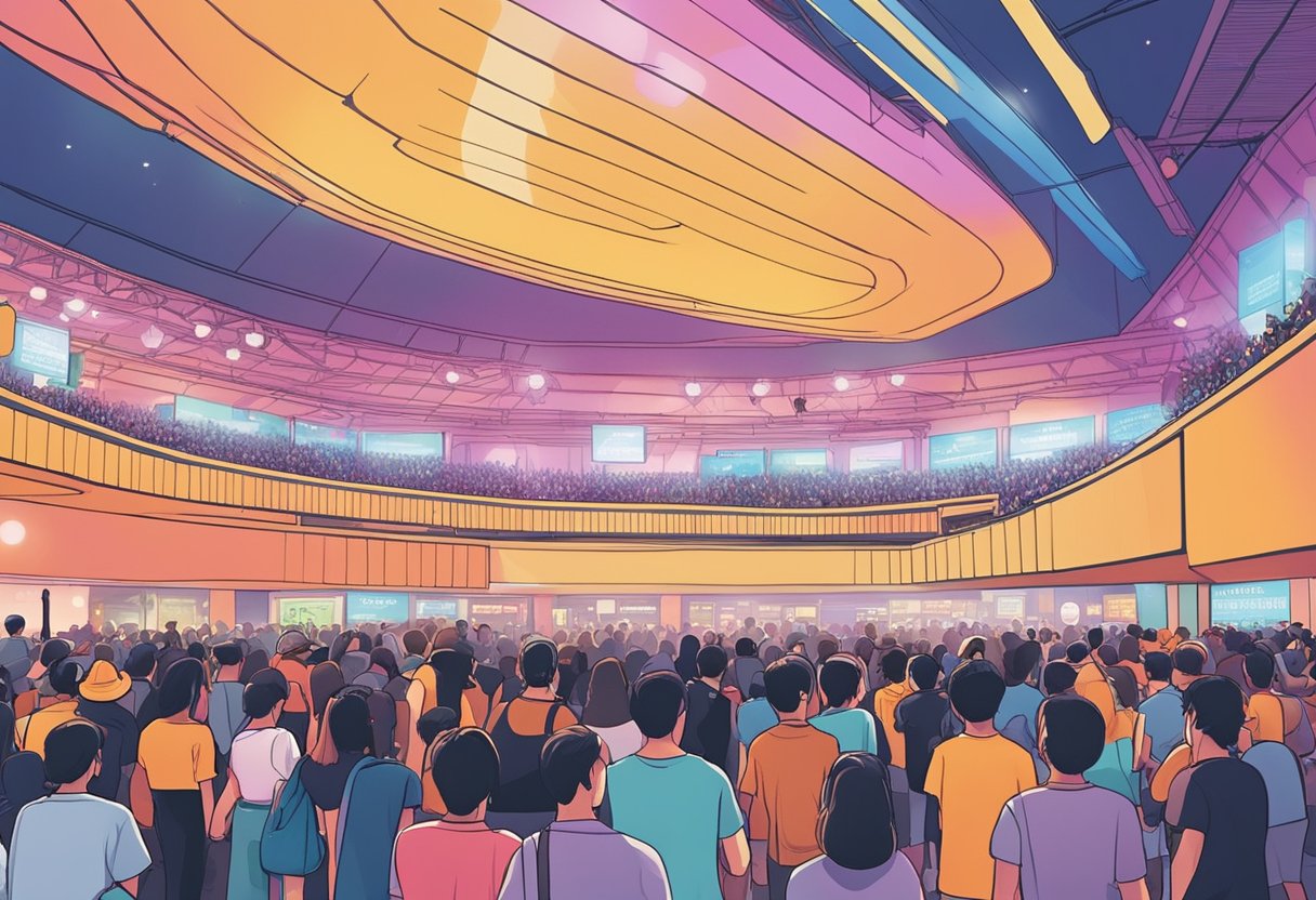 The concert venue is filled with excited fans. A large sign displays "Lewis Capaldi Live in Singapore." Ticket booths are busy with eager buyers