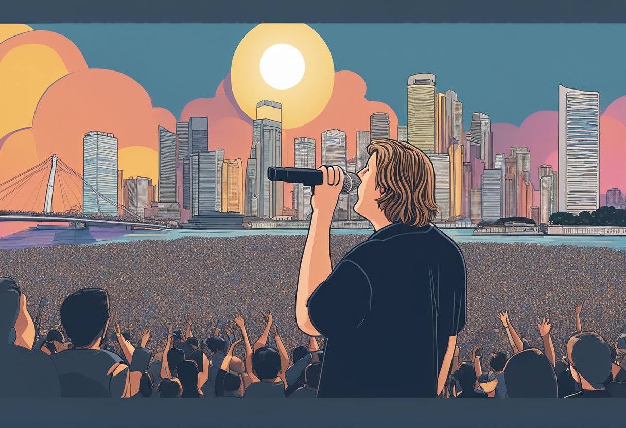 Lewis Capaldi's music career depicted through a microphone on stage with a spotlight, surrounded by adoring fans and a backdrop of the Singapore skyline
