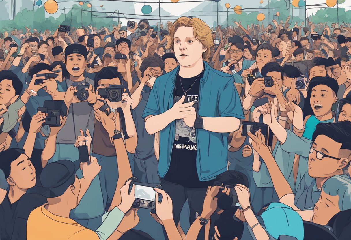 A crowd of fans eagerly await Lewis Capaldi in Singapore, holding signs and cameras. The singer stands on stage, microphone in hand, ready to answer their questions