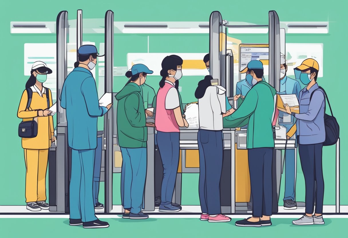 Passengers lining up for temperature checks and document verification at a designated VTL checkpoint between Malaysia and Singapore