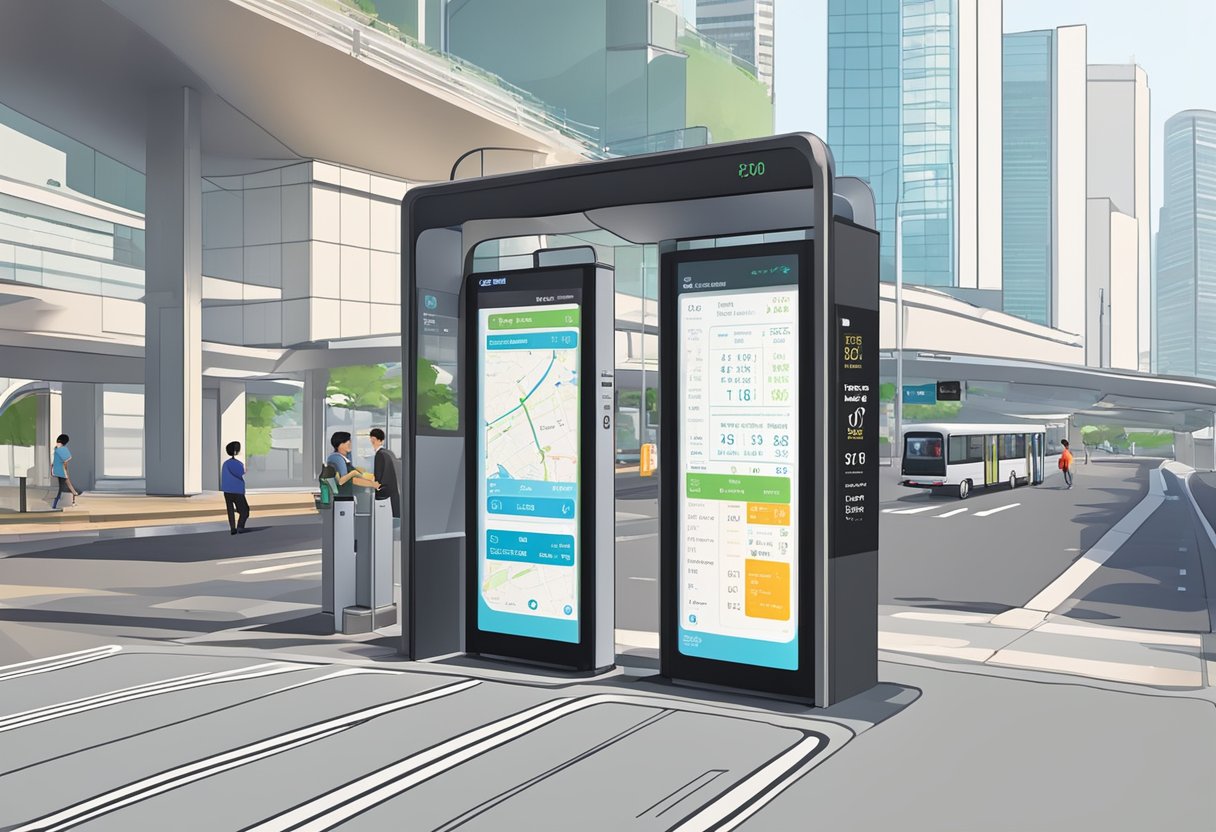 A digital bus arrival time display at a bustling Singapore bus stop, with a clear and easy-to-read interface for commuters