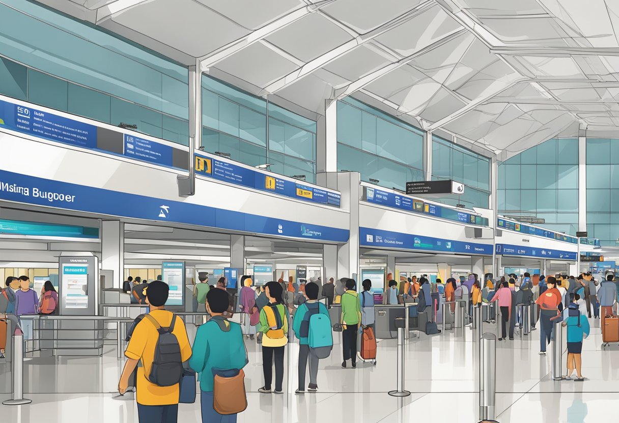 A bustling airport terminal with travelers lining up at immigration counters for the Malaysia-Singapore VTL. Signs and information booths are prominent