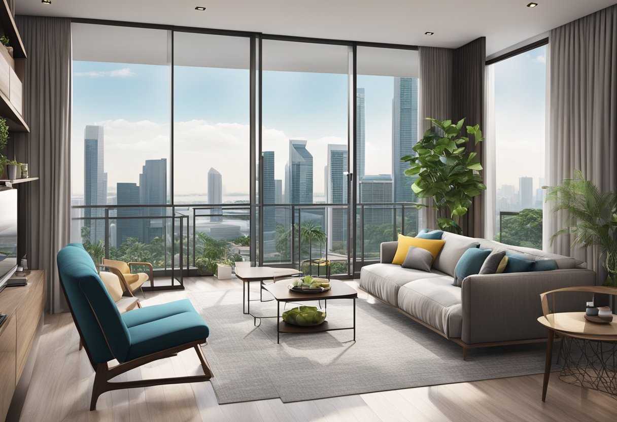 A modern condo in Singapore with a spacious living room, floor-to-ceiling windows, and a balcony overlooking the city skyline