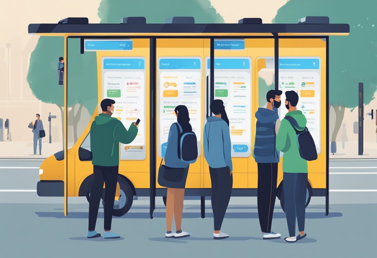 People at a bus stop check their phones for real-time bus arrival updates on a digital display board