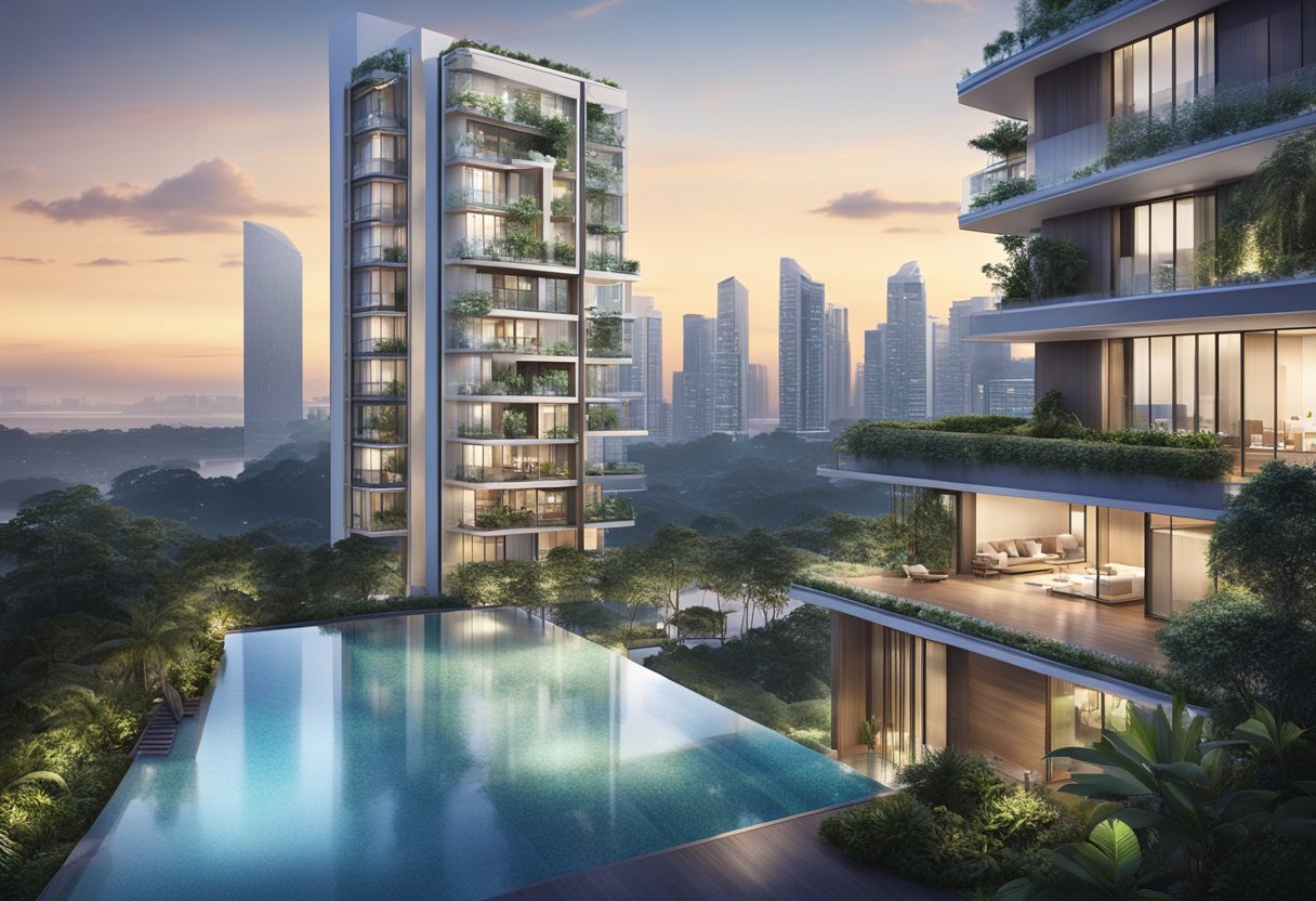 A modern condo in Singapore, nestled among lush greenery, with a sparkling pool and sleek architecture. The city skyline looms in the background, creating a perfect blend of urban and natural beauty