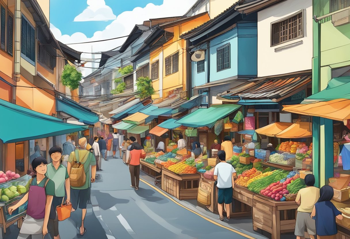 Colorful street scene with bustling markets, traditional shophouses, and vibrant cultural displays in Mikuni, Singapore