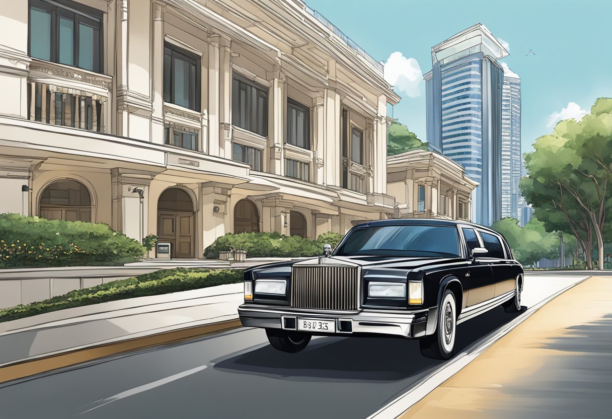 A sleek limousine pulls up to a grand hotel entrance in Singapore. The city skyline glimmers in the background as the chauffeur opens the door
