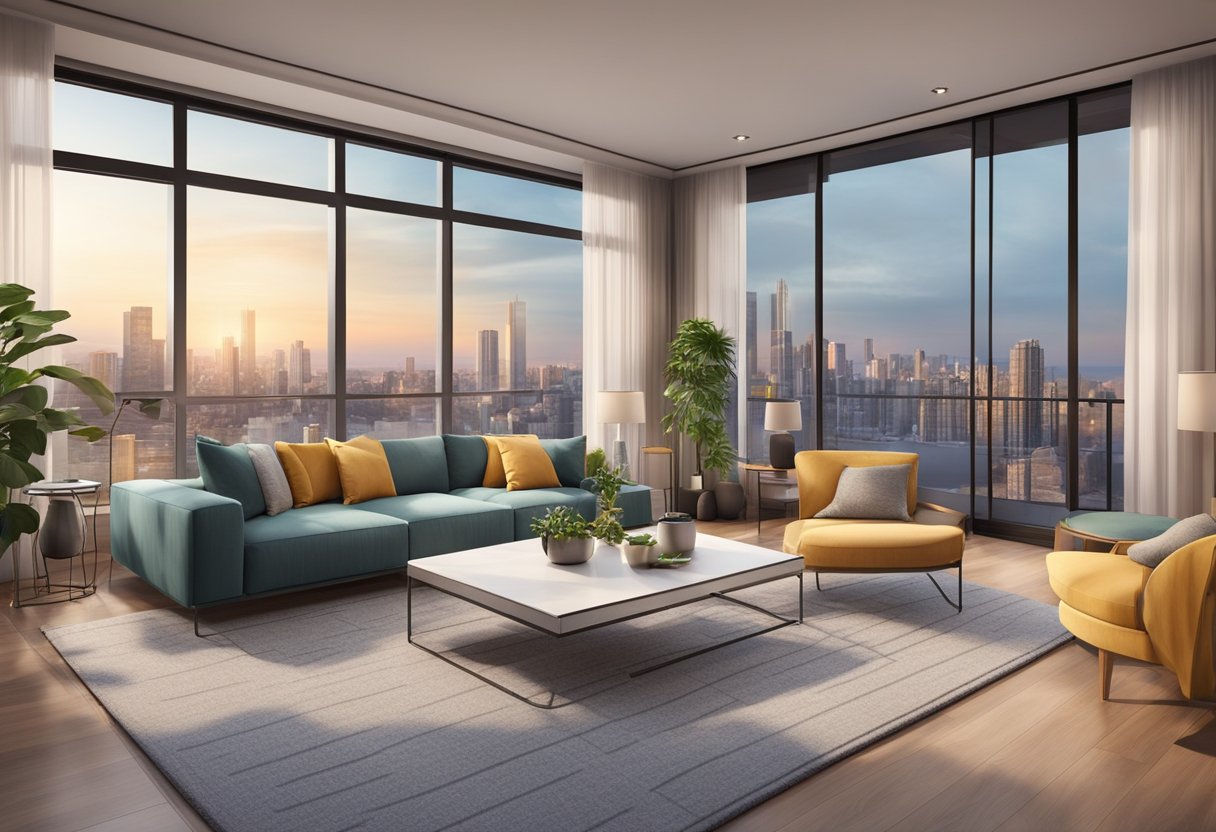 A modern condo with a spacious living room, fully equipped kitchen, and a cozy bedroom with a large window overlooking the city skyline