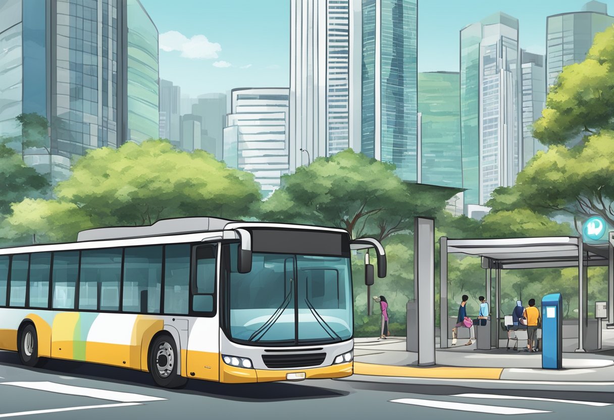 A bus with "Frequently Asked Questions" displayed on its digital board arrives at a bus stop in Singapore