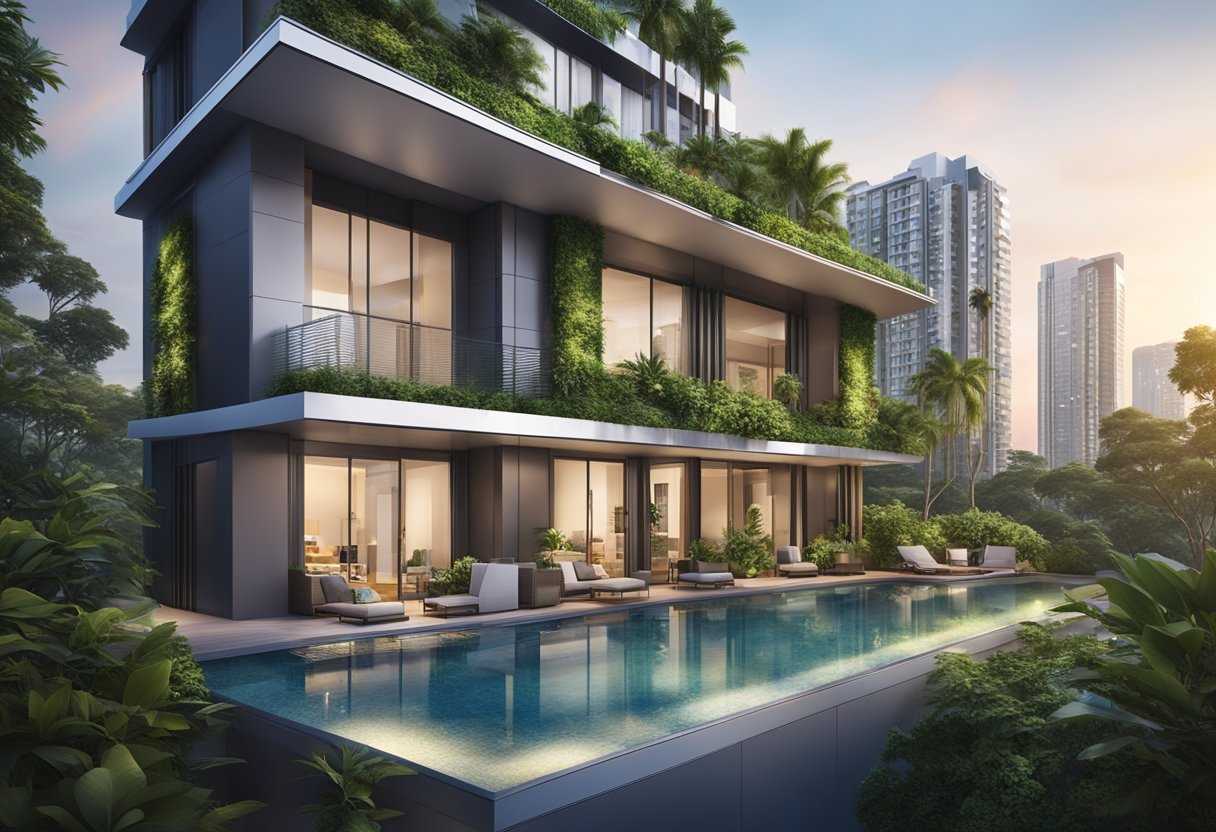 A modern condo in Singapore with a sleek exterior, surrounded by lush greenery and a vibrant cityscape in the background