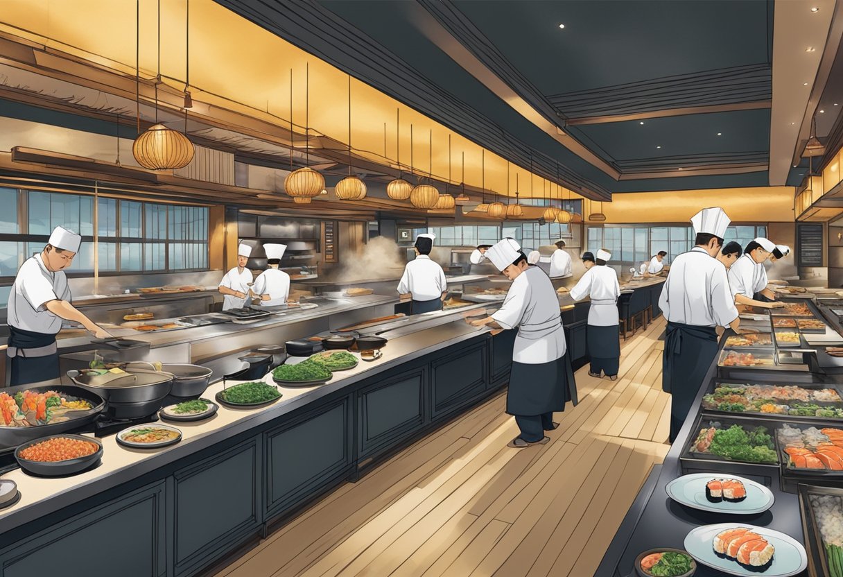 A bustling open kitchen with chefs preparing sushi and sizzling teppanyaki dishes, surrounded by elegant Japanese decor and vibrant dining atmosphere at Mikuni's Culinary Delights in Singapore