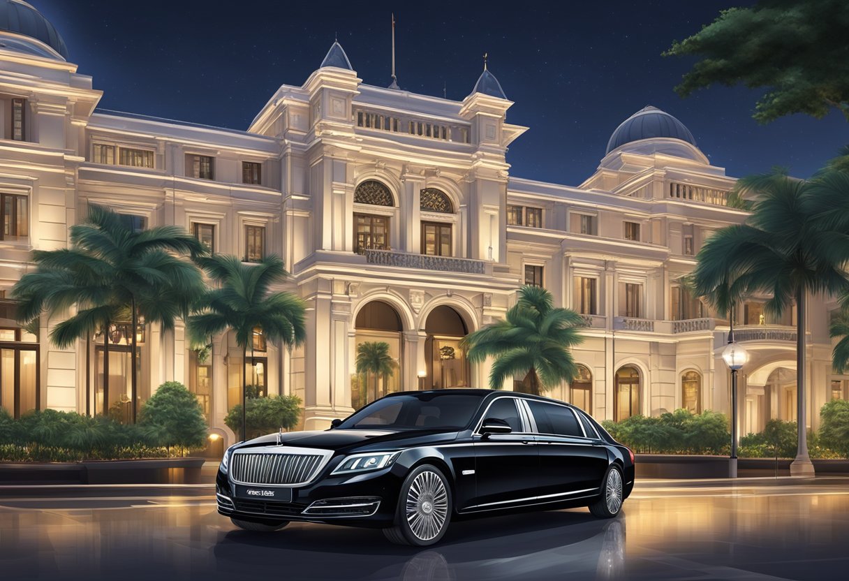 A sleek black limousine parked in front of a luxury hotel entrance in Singapore. The car is shining under the city lights, with the hotel's grand entrance in the background