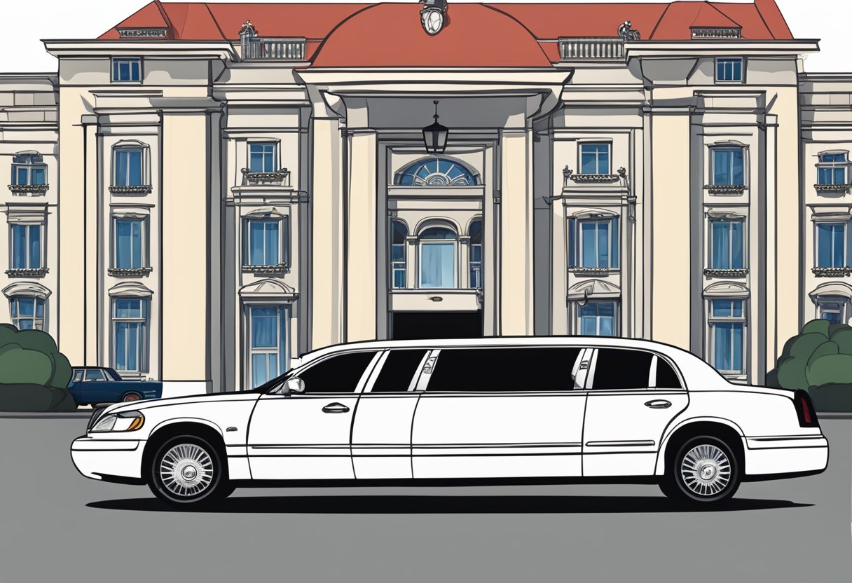 Luxury limousine parked in front of a grand hotel entrance, with a chauffeur waiting by the open door. A red carpet leads to the vehicle, and the company logo is prominently displayed on the side