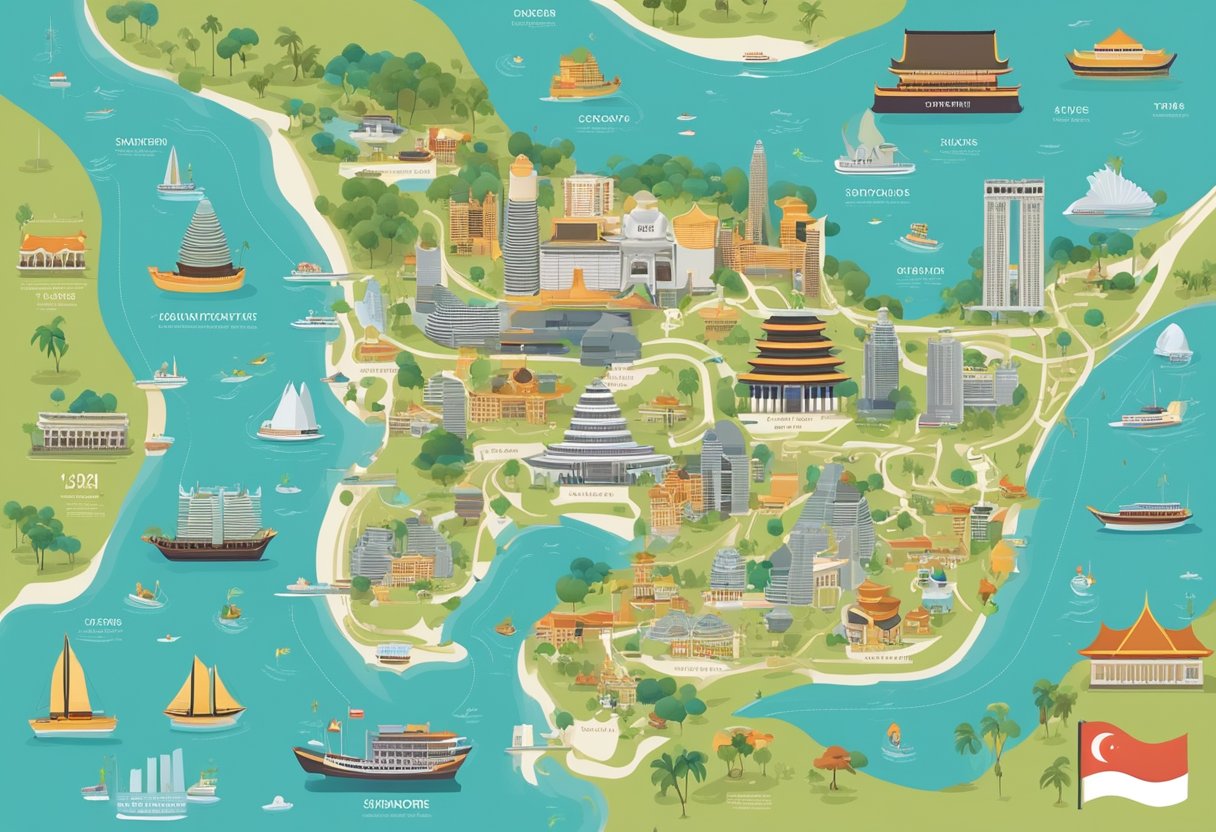 A colorful map of Singapore with landmarks and attractions, a calendar with highlighted dates, and a list of recommended restaurants and activities