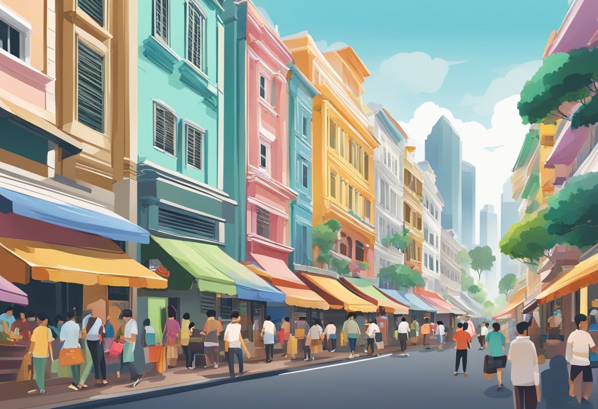 A bustling street in Singapore, with colorful shophouses, bustling markets, and vibrant street vendors. The iconic skyline of the city in the background