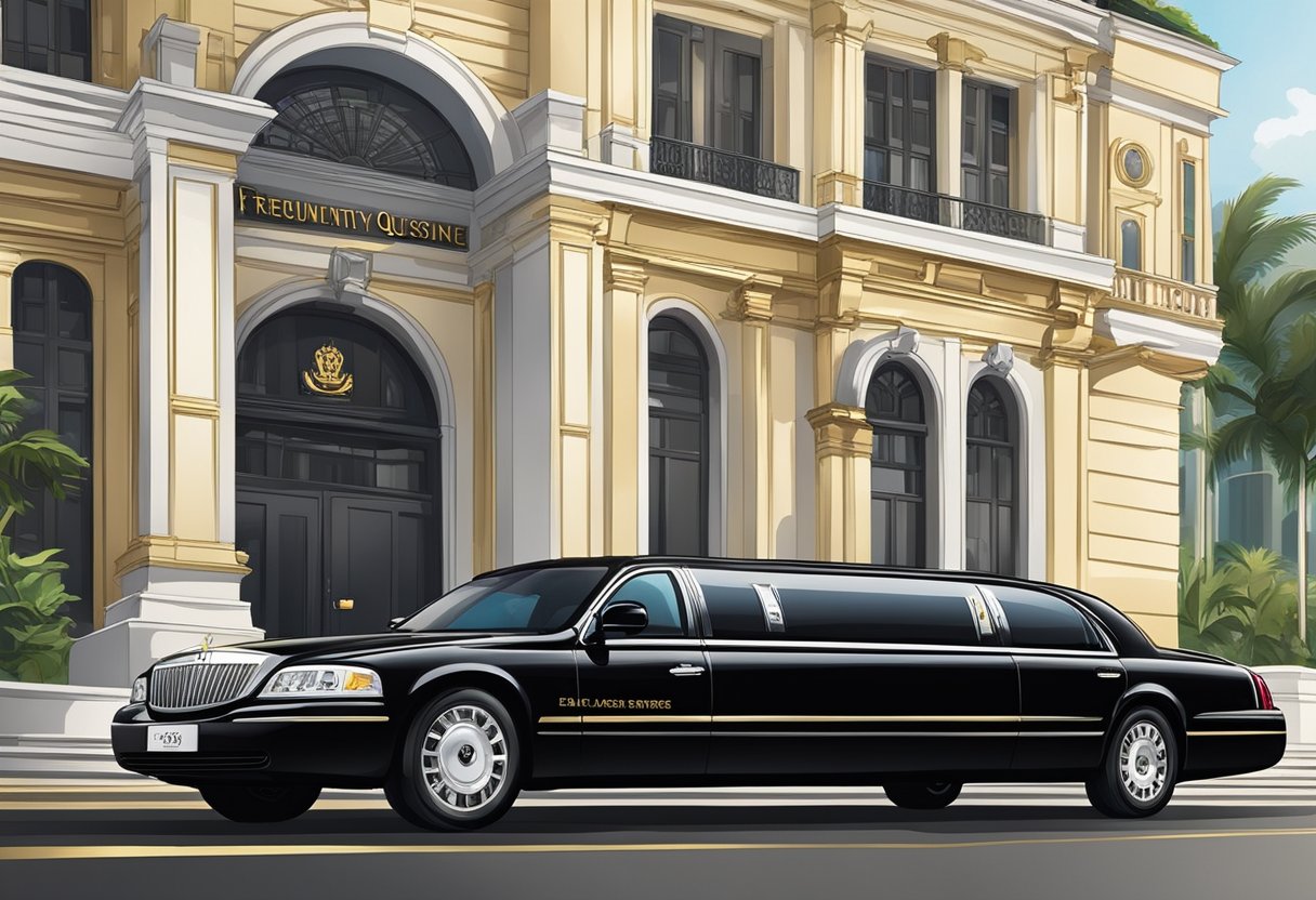 A sleek black limousine pulls up to a grand hotel entrance in Singapore, with the words "Frequently Asked Questions limousine service" emblazoned on the side in elegant gold lettering