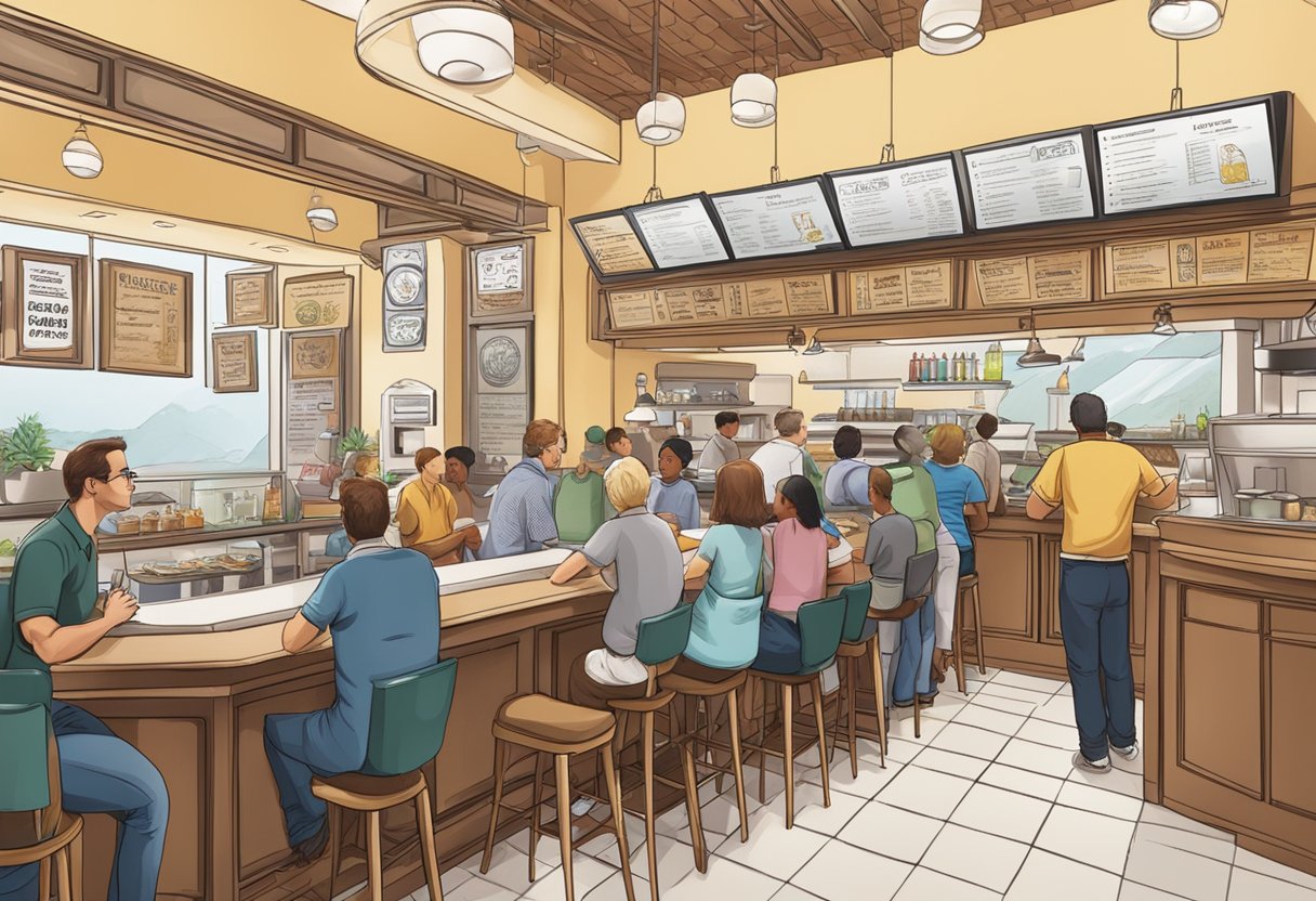 A busy restaurant with customers asking questions at a counter. Menu boards and a logo are visible in the background