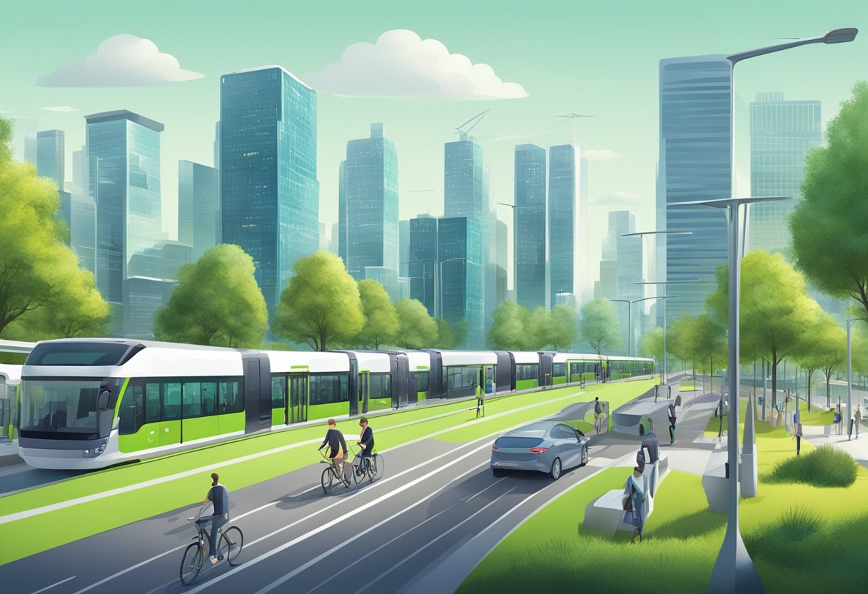 City skyline with efficient public transport system, including buses and trains. Green spaces and bike lanes integrated into urban design. Electric vehicles charging stations visible