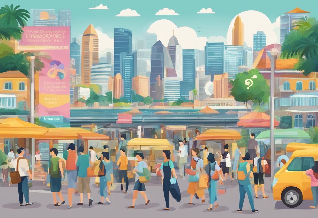 A colorful sign with "Frequently Asked Questions about Singapore" surrounded by curious tourists and locals seeking information