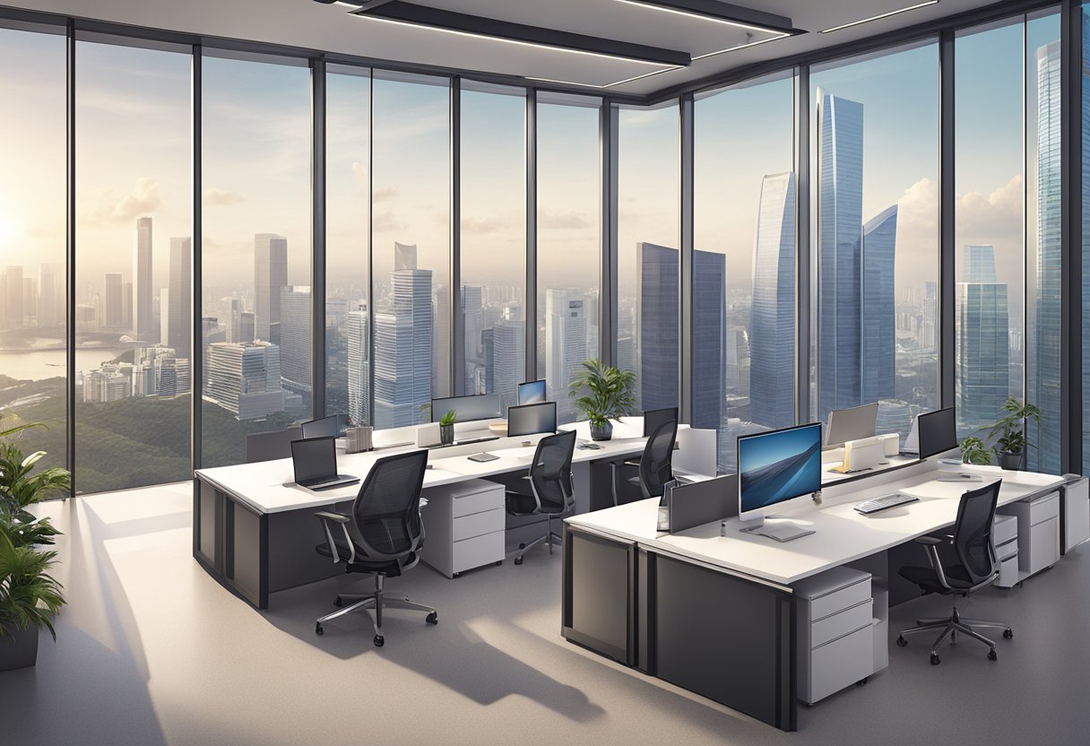 A modern office space in Singapore with sleek furniture and large windows overlooking the city skyline