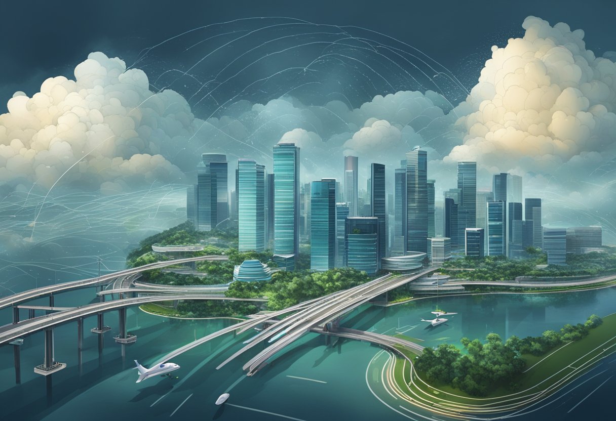 Rain clouds hover over Singapore, with radar systems tracking the movement. Data streams into a control center, where technicians monitor and analyze the weather patterns