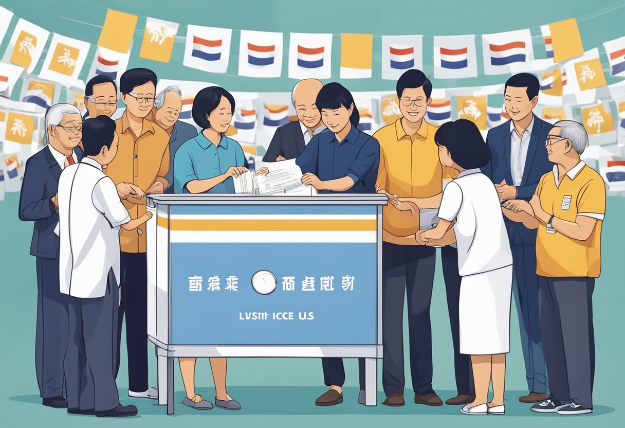 Key figures and constituents gather around a ballot box, casting their votes in the Singapore election. Banners and signs display the names of political parties