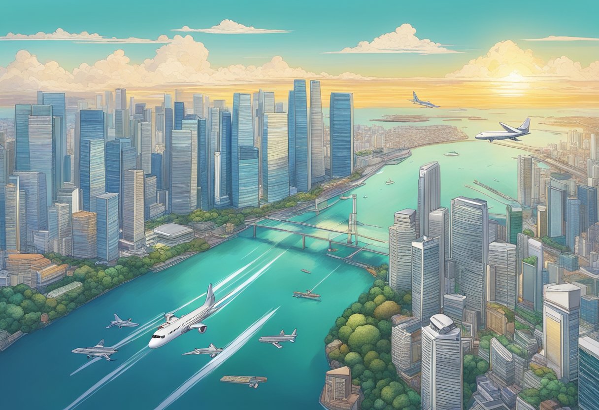 A plane flies over the glittering waters of Singapore towards the towering skyline of Tokyo