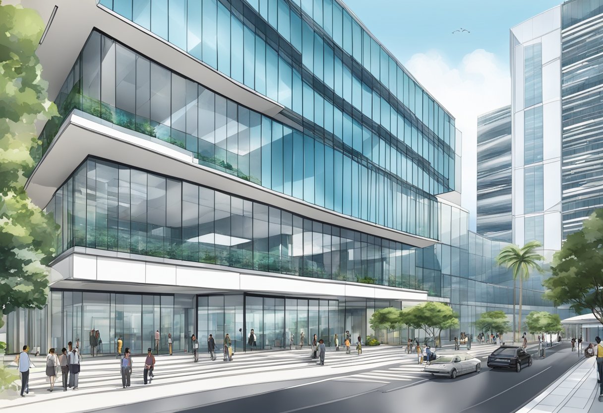 A modern office building in Singapore with a sleek, glass facade and a bustling lobby filled with professionals and visitors