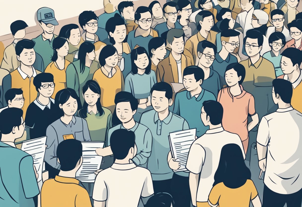 A crowded room with people standing in line, holding papers and talking. A sign reads "Frequently Asked Questions Singapore Election."